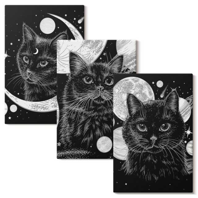 Canvas Wall Art Set Of 3 - Black Cats Against The Moon & Planets in Space, White Print On Canvas, Animals Decor - image 1