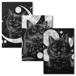 Canvas Wall Art Set Of 3 - Black Cats Against The Moon & Planets in Space, White Print On Canvas, Animals Decor - thumbnail 1