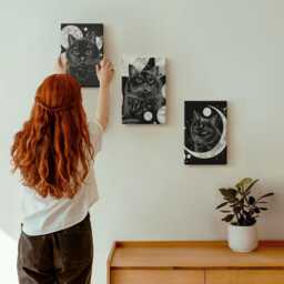 Canvas Wall Art Set Of 3 - Black Cats Against The Moon & Planets in Space, White Print On Canvas, Animals Decor - thumbnail 3