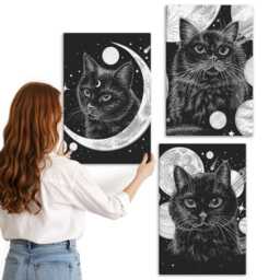 Canvas Wall Art Set Of 3 - Black Cats Against The Moon & Planets in Space, White Print On Canvas, Animals Decor - thumbnail 2