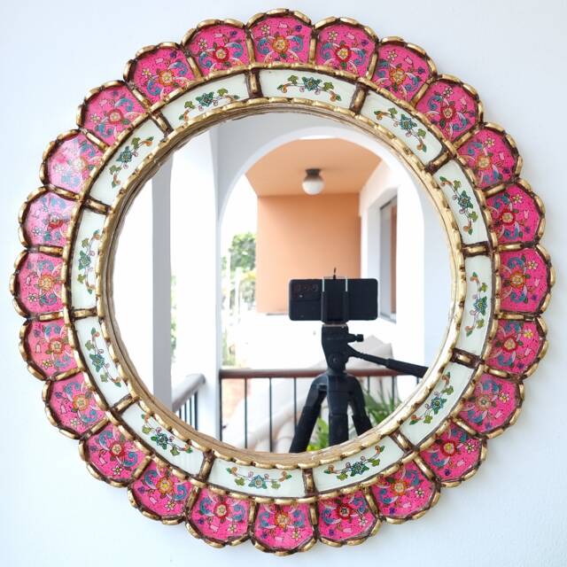 Peruvian Fuchsia Harmonious Mirror 50 cm Handmade Wall Decor - Carved Wood Round Bold Statement For Living Room Bathroom - image 1