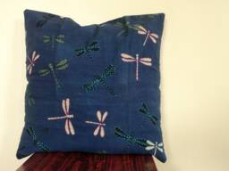 Indigo Dragonfly Block Print Pillow Cover, Kantha Embroidery, Natural Dye Cotton - thumbnail 1