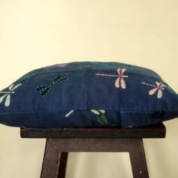 Indigo Dragonfly Block Print Pillow Cover, Kantha Embroidery, Natural Dye Cotton - thumbnail 2