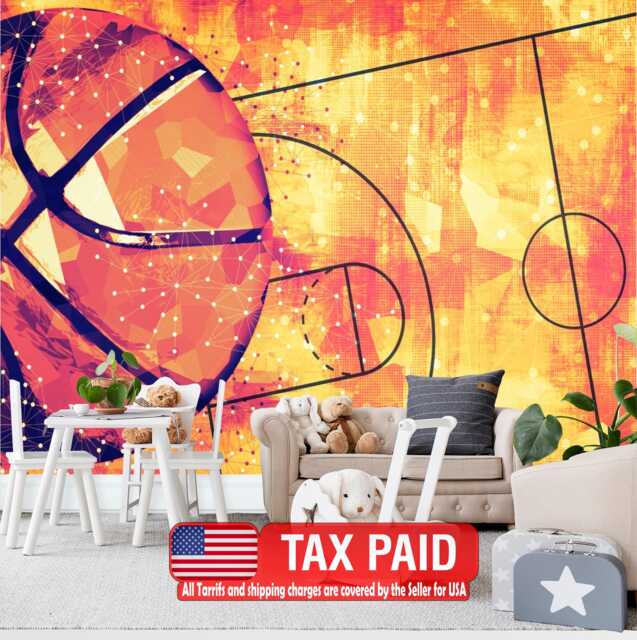 Basketball Court Wallpaper Mural, Sports Room Decor, Peel & Stick - image 1