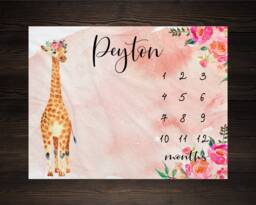 Giraffe Milestone Blanket Month Baby Watch Me Grow Growth Tracker Safari Shower Personalize Newborn Gm08