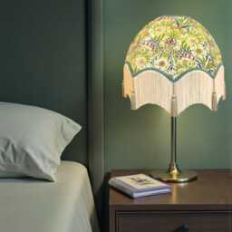 William Morris Natural Floral Curtains Fabric Dome Lampshade Duck Egg Blue Braid, Cream Fringe & Sage Green Tassels, Bespoke British Made - thumbnail 3