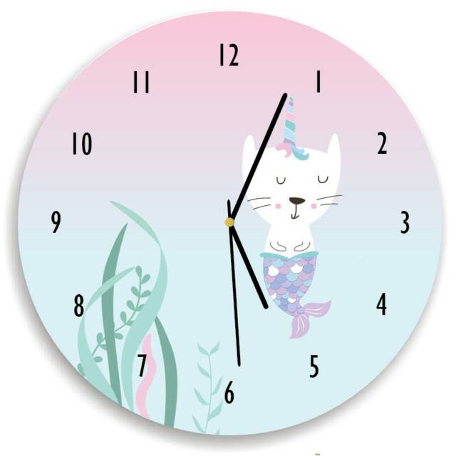 Mermaid Cat Wall Clock, Children Room Decor Decor For Girls Bedroom, Pink & Mint - image 1