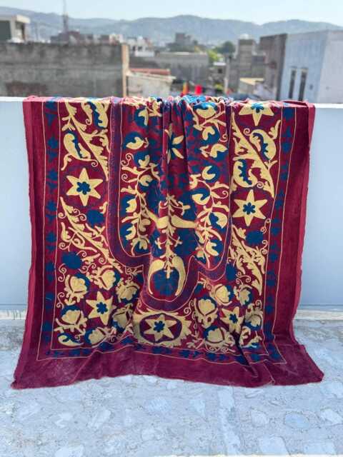 Vintage Style Velvet Suzani Quilt - Handmade Bohemian Bedspread - image 1