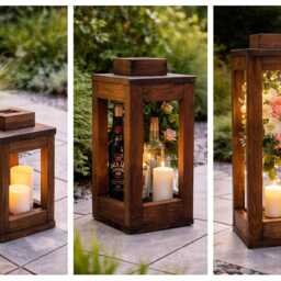 Rustic Wooden Garden Lantern - Outdoor Patio Candle Holder Farmhouse Indoor Decor Handmade Home Accent UK - thumbnail 2