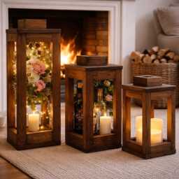 Rustic Wooden Garden Lantern - Outdoor Patio Candle Holder Farmhouse Indoor Decor Handmade Home Accent UK - thumbnail 3