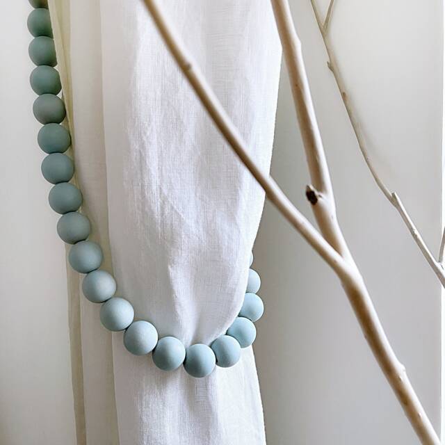 Aegean Teal Wood Bead Curtain Tiebacks Beach Decor, Set Of 2 - image 1