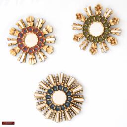 Peruvian Sunburst Mirror Set Of 3 - Painted Glass Floral Wall Decor Gold Bronze Leaf Wood Mirrors For Gallery - Usa No Duties
