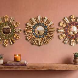 Peruvian Sunburst Mirror Set Of 3 - Painted Glass Floral Wall Decor Gold Bronze Leaf Wood Mirrors For Gallery - Usa No Duties - thumbnail 2