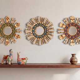 Peruvian Sunburst Mirror Set Of 3 - Painted Glass Floral Wall Decor Gold Bronze Leaf Wood Mirrors For Gallery - Usa No Duties - thumbnail 3