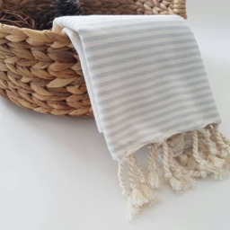 Cotton Hand Towel - Stripe Daily Rustic Kitchen White & Grey Tea Natural Dish Small With Tassels - thumbnail 3