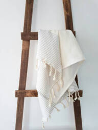 Cotton Hand Towel - Stripe Daily Rustic Kitchen White & Grey Tea Natural Dish Small With Tassels - thumbnail 1