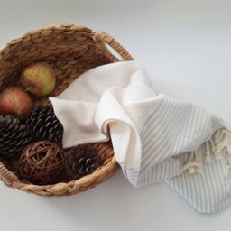 Cotton Hand Towel - Stripe Daily Rustic Kitchen White & Grey Tea Natural Dish Small With Tassels - thumbnail 2