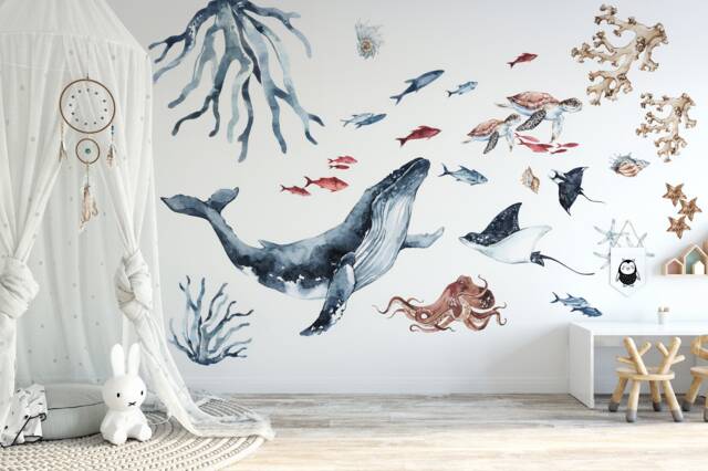 Watercolor Sea Animal Decal Set Whale, Dolphin, Jellyfish Nursery Art - image 1