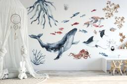 Watercolor Sea Animal Decal Set Whale, Dolphin, Jellyfish Nursery Art - thumbnail 1