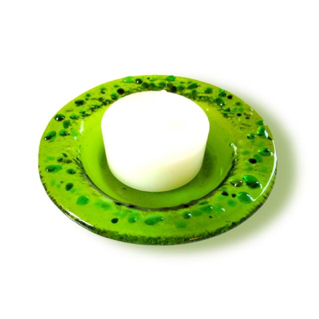 Green Murano Glass Candle-Holder With Green-Blue Drops, Fused Saucer For Small Light - Lapilli Series, Romantic Table/Bath - image 1