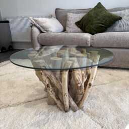 Handmade Driftwood Coffee Table With Glass Top, Coastal Decor - thumbnail 3