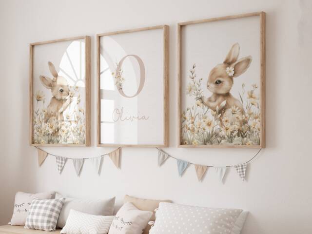 Personalised Set Of 3 Boho Girls Nursery Prints, Bunny Prints, Girls Decor, Baby Nursery, Bunny Animal, Boho Nusery - image 1