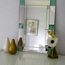 Art Deco Rectangularteal/Cream Mirror - Stained Glass Hand Crafted - thumbnail 3