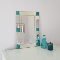 Art Deco Rectangularteal/Cream Mirror - Stained Glass Hand Crafted - thumbnail 1