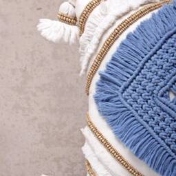 White Blue Cotton Macrame Bohemian, Bali Style Pillow Cover, Decorative Handmade Throw Cover, Embroidered Cover Wlcc032 - thumbnail 2