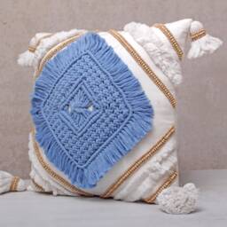 White Blue Cotton Macrame Bohemian, Bali Style Pillow Cover, Decorative Handmade Throw Cover, Embroidered Cover Wlcc032 - thumbnail 3