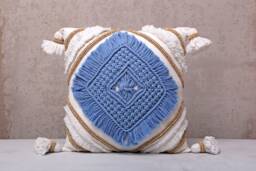White Blue Macrame Pillow Cover, Boho Cotton Cushion With Frill, Tassels & Wooden Beads