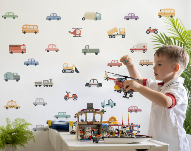 Kids Transport Wall Decal - Cute Vehicle Sticker Nursery Boys Cars Little Construction Decals - image 1