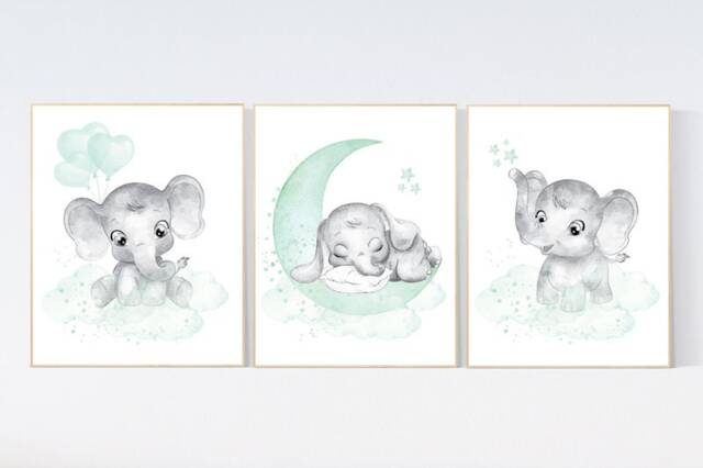 Elephant Nursery Art Print Moon, Stars, Aqua & Mint Green - image 1