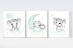 Elephant Nursery Art Print Moon, Stars, Aqua & Mint Green - thumbnail 1