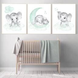 Elephant Nursery Art Print Moon, Stars, Aqua & Mint Green - thumbnail 2