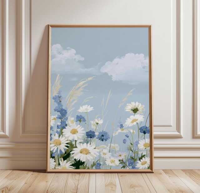 Blue Daisy Meadow Poster, Wildflower Print, Botanical Wall Art - image 1