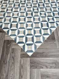Blue Runner Floor Mat in Geometric Tile Pattern For Kitchens & Hallways