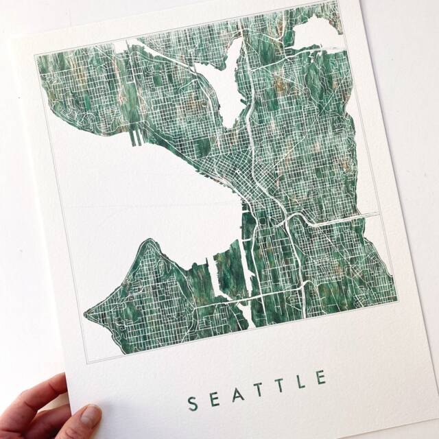 Seattle Map Urban Fabric Watercolor Texture Painting Washington City Plan - Art Print Travel Wedding Anniversary Realtor Moving Gift Grass - image 1