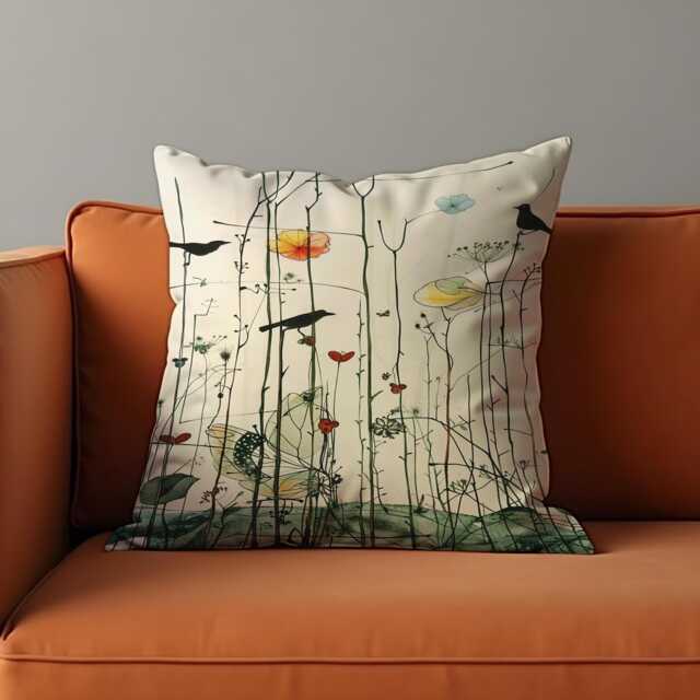 Botanical Bird Cushion Cover, Minimal Nature Art Pillow Case, Modern Floral Illustration Throw Pillowcase - image 1