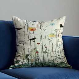 Botanical Bird Cushion Cover, Minimal Nature Art Pillow Case, Modern Floral Illustration Throw Pillowcase - thumbnail 2
