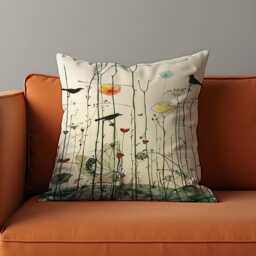Botanical Bird Cushion Cover, Minimal Nature Art Pillow Case, Modern Floral Illustration Throw Pillowcase - thumbnail 1