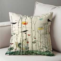 Botanical Bird Cushion Cover, Minimal Nature Art Pillow Case, Modern Floral Illustration Throw Pillowcase - thumbnail 3