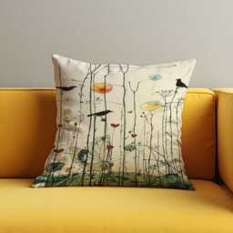 Botanical Bird Cushion Cover, Minimal Nature Art Pillow Case, Modern Floral Illustration Throw Pillowcase - thumbnail 4