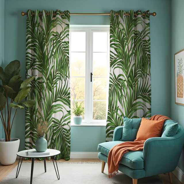 Green Tropical Leaf Curtains, Botanical Palm Print Drapes, Custom Made Window Panels For Living Room Home Decor - image 1
