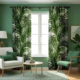 Green Tropical Leaf Curtains, Botanical Palm Print Drapes, Custom Made Window Panels For Living Room Home Decor - thumbnail 2