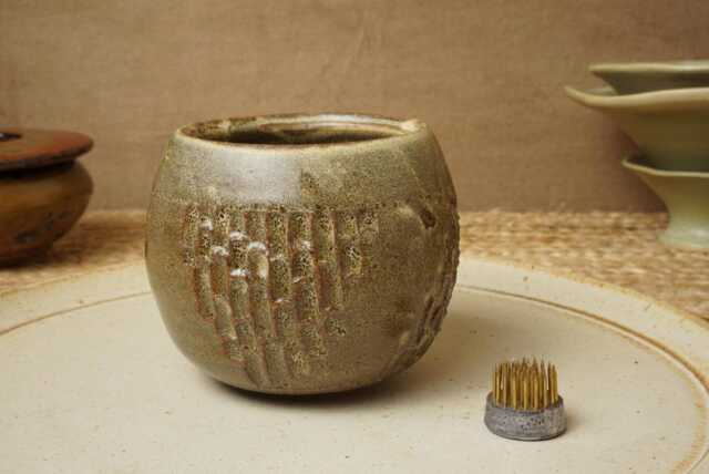 Handmade Cream Brown Ikebana Vase. Kenzan Flower Frog Not Included - image 1
