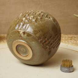 Handmade Cream Brown Ikebana Vase. Kenzan Flower Frog Not Included - thumbnail 3