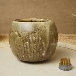 Handmade Cream Brown Ikebana Vase. Kenzan Flower Frog Not Included - thumbnail 2