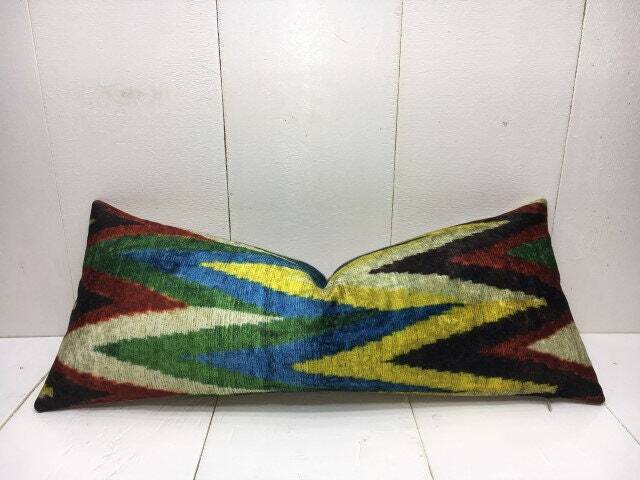 Silk Ikat Lumbar Pillow Cover, Handwoven Accent Cushion - 10x24 - image 1