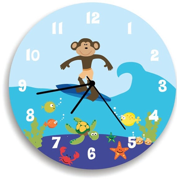 Surfing Monkey _Kids Wall Clock, Children Room Decor Life Under The Sea Wall Clock For Boys Bedroom